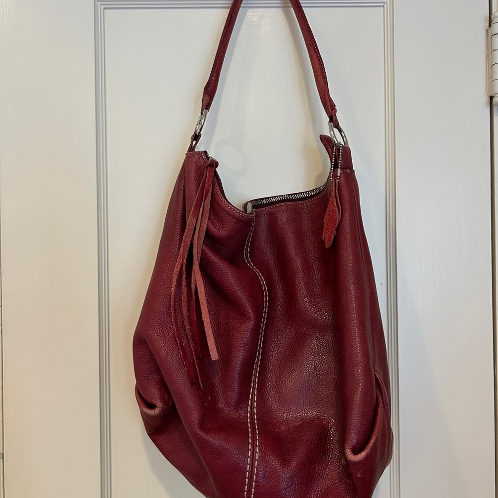 Roots Burgundy Genuine Leather Hobo Bag